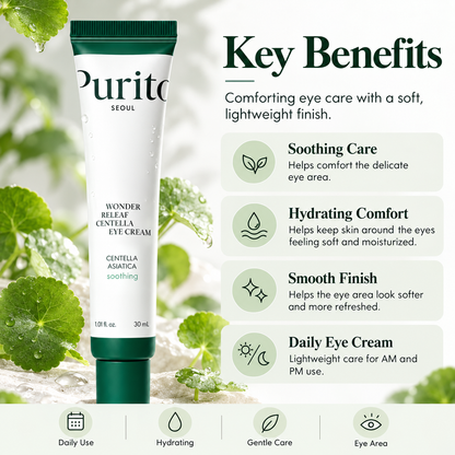 PURITO Wonder Releaf Centella Eye Cream benefits infographic for soothing care, hydration, smoother-looking skin, and daily eye-area comfort