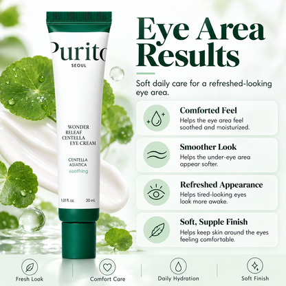 PURITO Wonder Releaf Centella Eye Cream results infographic for moisturized, smoother, refreshed-looking under-eye skin