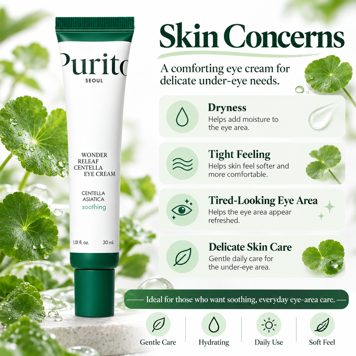 PURITO Wonder Releaf Centella Eye Cream for dry, tight, tired-looking, and delicate under-eye skin