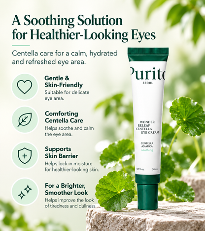 PURITO Wonder Releaf Centella Eye Cream soothing solution infographic with gentle care, Centella care, skin barrier support, and a brighter smoother look