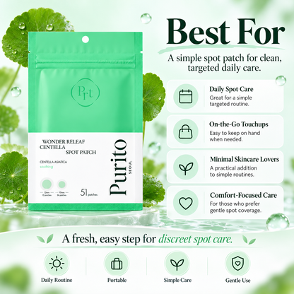 PURITO Wonder Releaf Centella Spot Patch best for daily spot care, on-the-go use, minimal skincare routines, and gentle targeted coverage