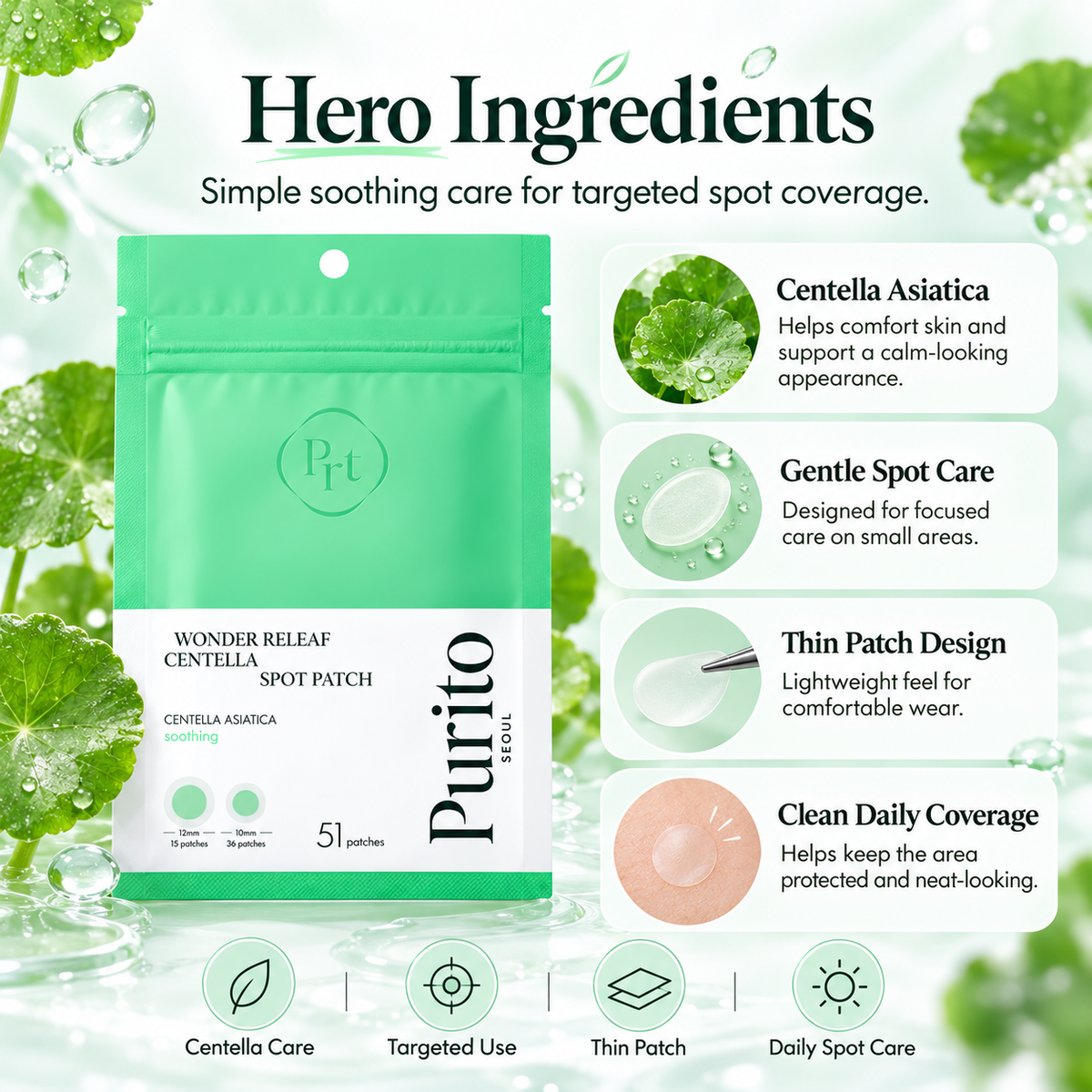 PURITO Wonder Releaf Centella Spot Patch ingredient infographic highlighting Centella Asiatica and gentle targeted spot care