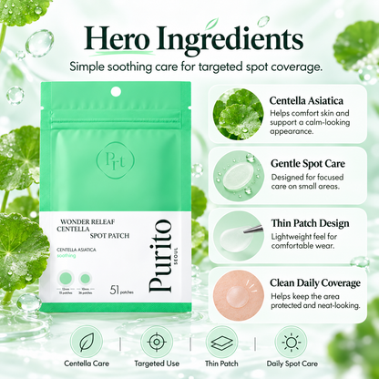 PURITO Wonder Releaf Centella Spot Patch ingredient infographic highlighting Centella Asiatica and gentle targeted spot care