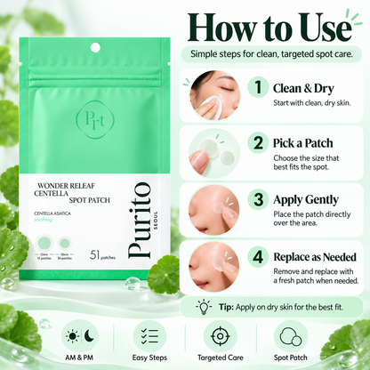 How to use PURITO Wonder Releaf Centella Spot Patch with clean dry skin, patch selection, gentle application, and replacement steps