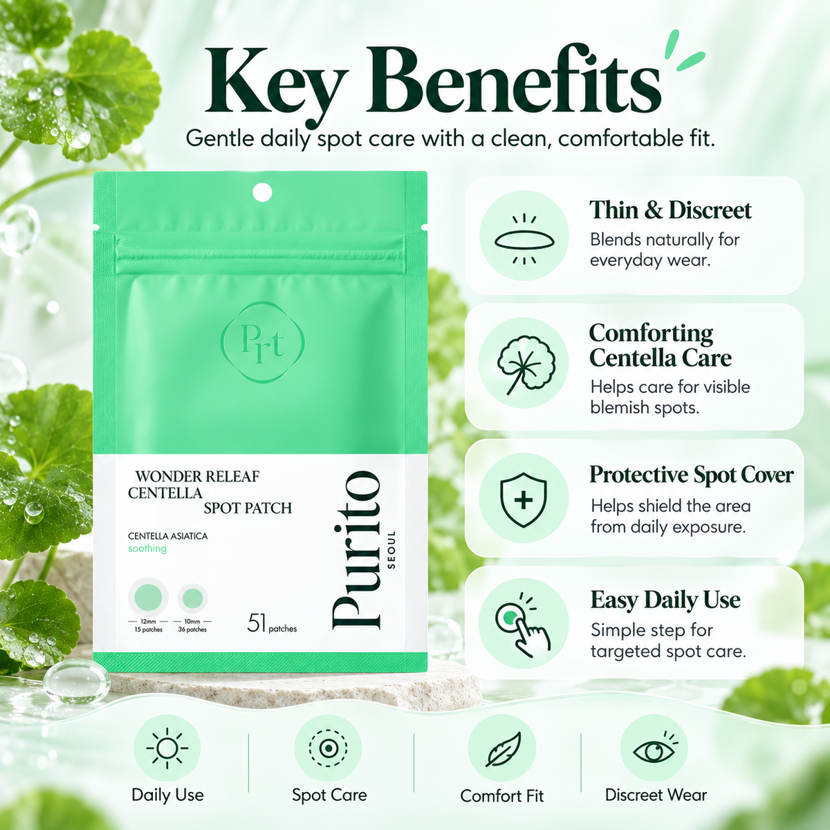 PURITO Wonder Releaf Centella Spot Patch benefits infographic for discreet wear, soothing care, protection, and easy daily use