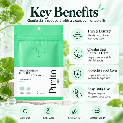 PURITO Wonder Releaf Centella Spot Patch benefits infographic for discreet wear, soothing care, protection, and easy daily use