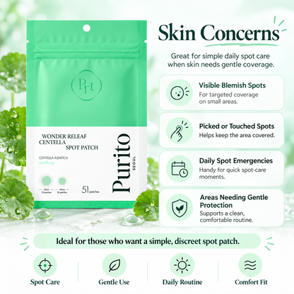 PURITO Wonder Releaf Centella Spot Patch for visible blemish spots, touched areas, daily spot emergencies, and gentle protection