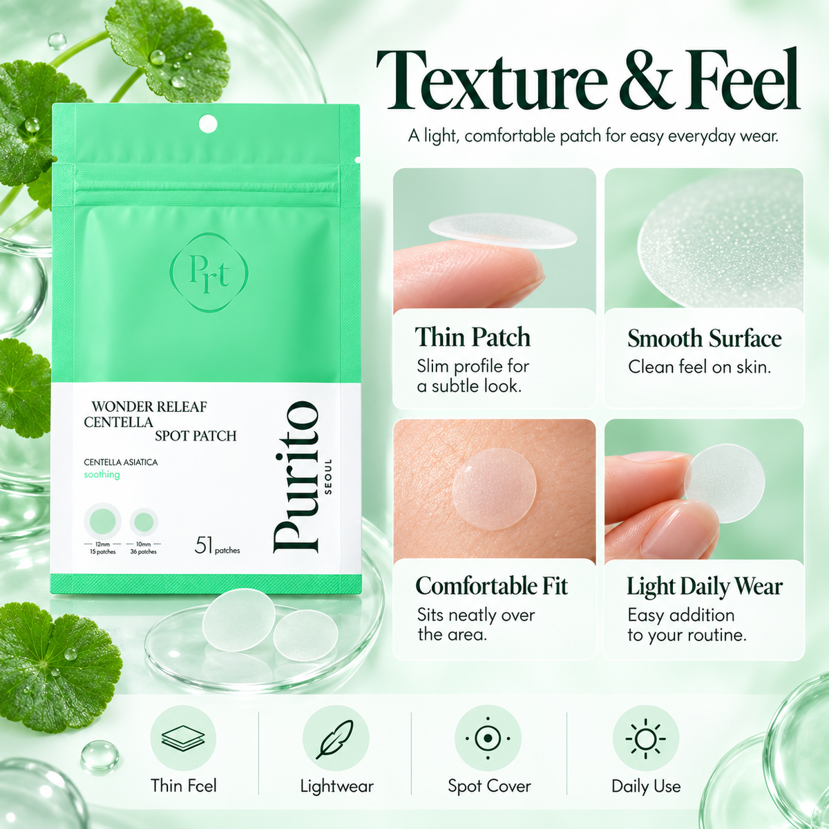 PURITO Wonder Releaf Centella Spot Patch texture infographic showing thin patch design, smooth surface, comfortable fit, and lightweight wear