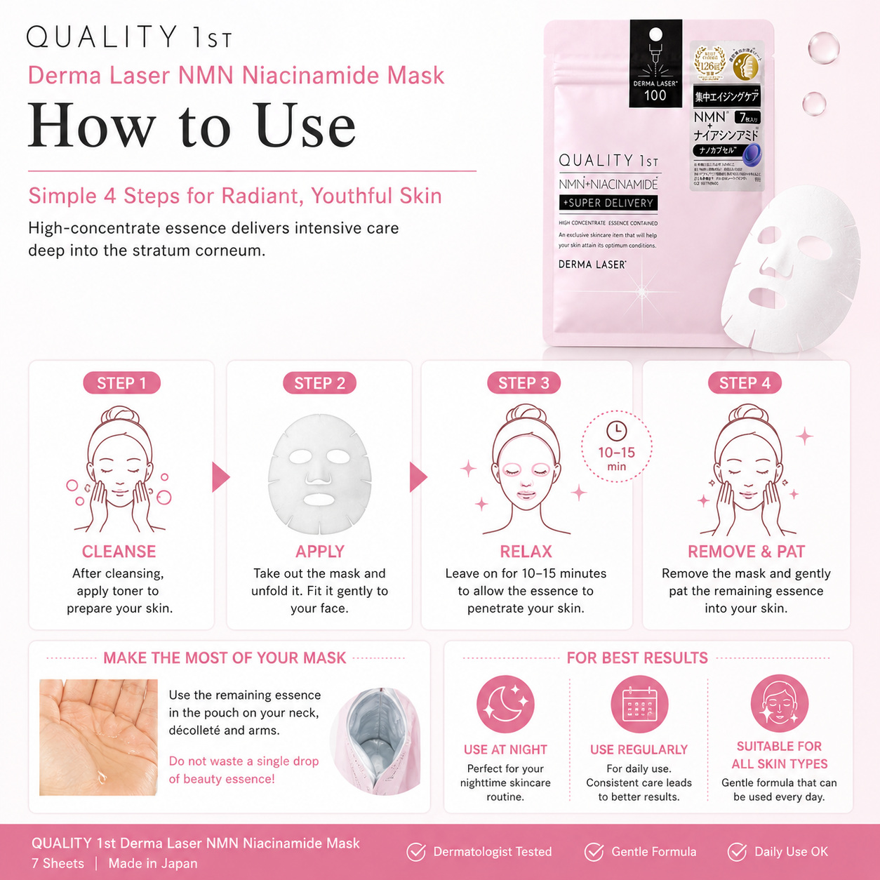 How to use QUALITY 1ST Derma Laser NMN Niacinamide Mask sheet mask step by step skincare infographic