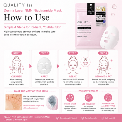 How to use QUALITY 1ST Derma Laser NMN Niacinamide Mask sheet mask step by step skincare infographic