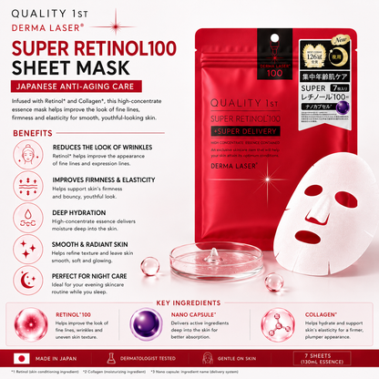 QUALITY 1st Derma Laser Super Retinol100 mask benefits infographic showing wrinkle care firmness hydration and radiant skin