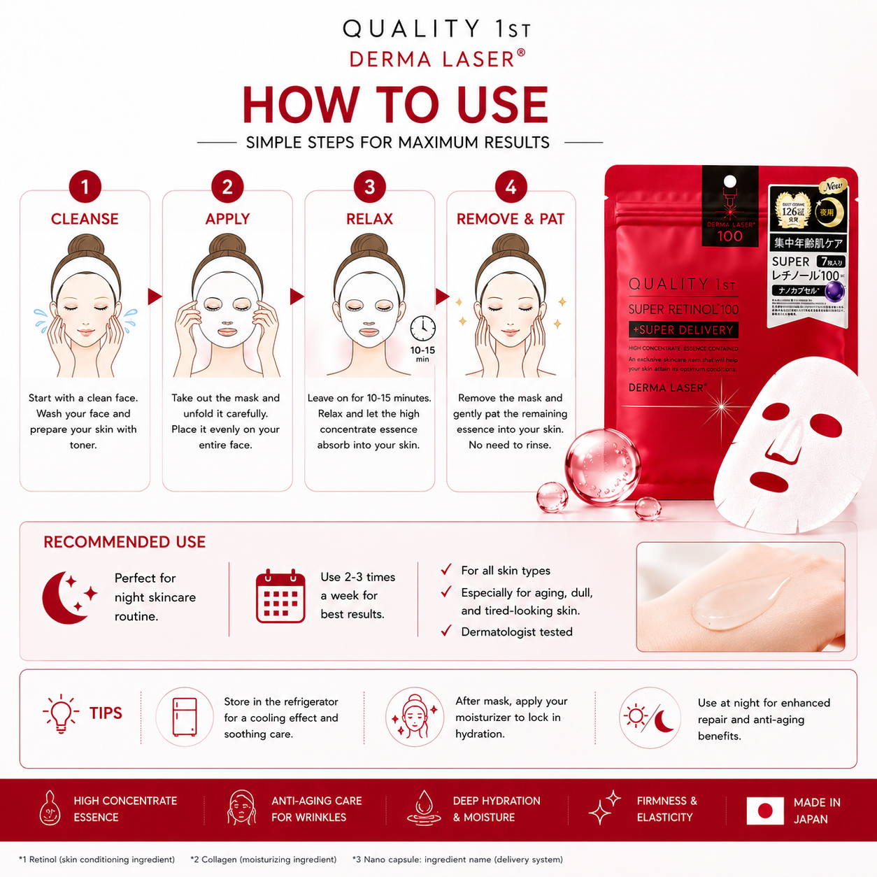How to use QUALITY 1st Derma Laser Super Retinol100 sheet mask step by step skincare routine 