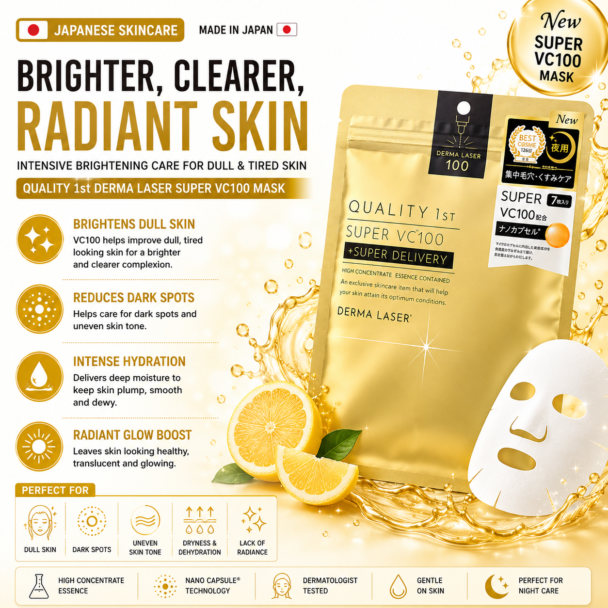 QUALITY 1st Derma Laser Super VC100 Mask featuring vitamin C derivative, glutathione, niacinamide and nano capsule technology