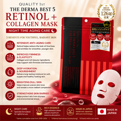 QUALITY 1st The Derma Best 5 Retinol + Collagen Mask showing anti-aging, hydration, firmness and brightening care