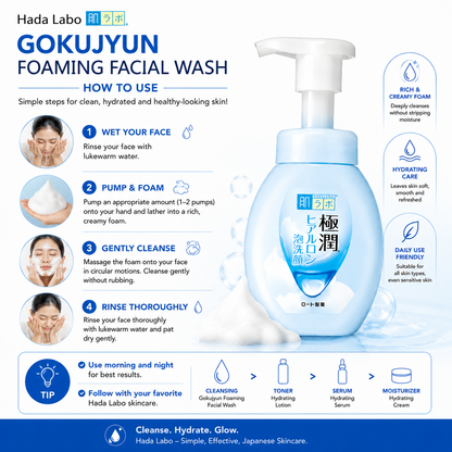 How to use ROHTO Hada Labo Gokujyun Foaming Facial Wash 160ml for a gentle and hydrating daily cleansing routine