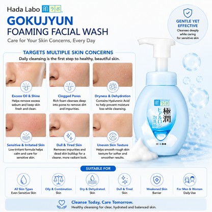 ROHTO Hada Labo Gokujyun Foaming Facial Wash 160ml for oily skin, clogged pores, dehydration, sensitive skin, dullness, and uneven texture