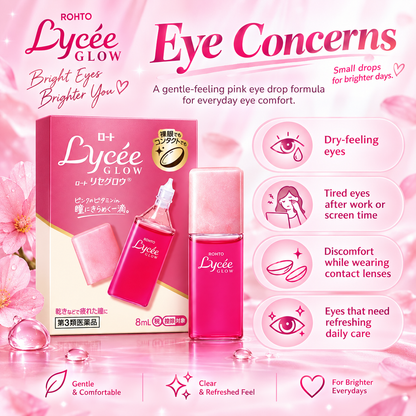 Rohto Lycee Glow eye drops eye concerns infographic for dryness tired eyes and daily irritation