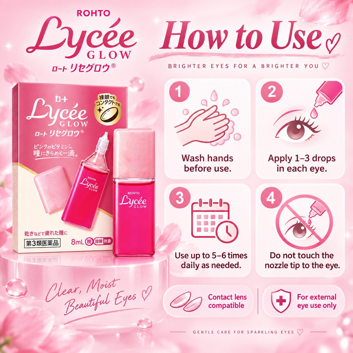 Rohto Lycee Glow eye drops how to use infographic with simple daily application steps