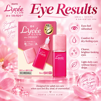 Rohto Lycee Glow eye drops results infographic showing refreshed and comfortable looking eyes