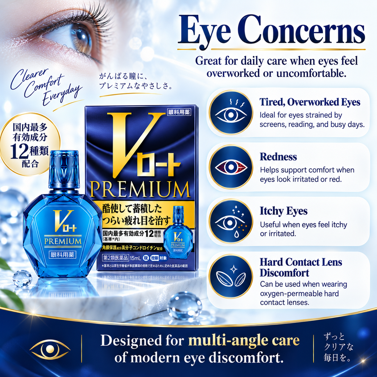 Rohto V Premium eye drops for tired overworked eyes, redness, itchy eyes, and discomfort while wearing hard contact lenses