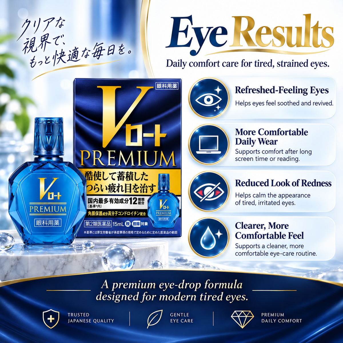 Rohto V Premium eye drops results infographic for refreshed-feeling eyes, improved comfort, reduced redness, and clearer eye comfort