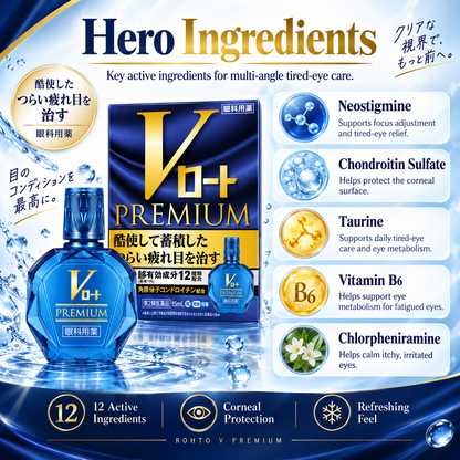 Rohto V Premium eye drops hero ingredients including neostigmine, chondroitin sulfate, taurine, vitamin B6, and chlorpheniramine