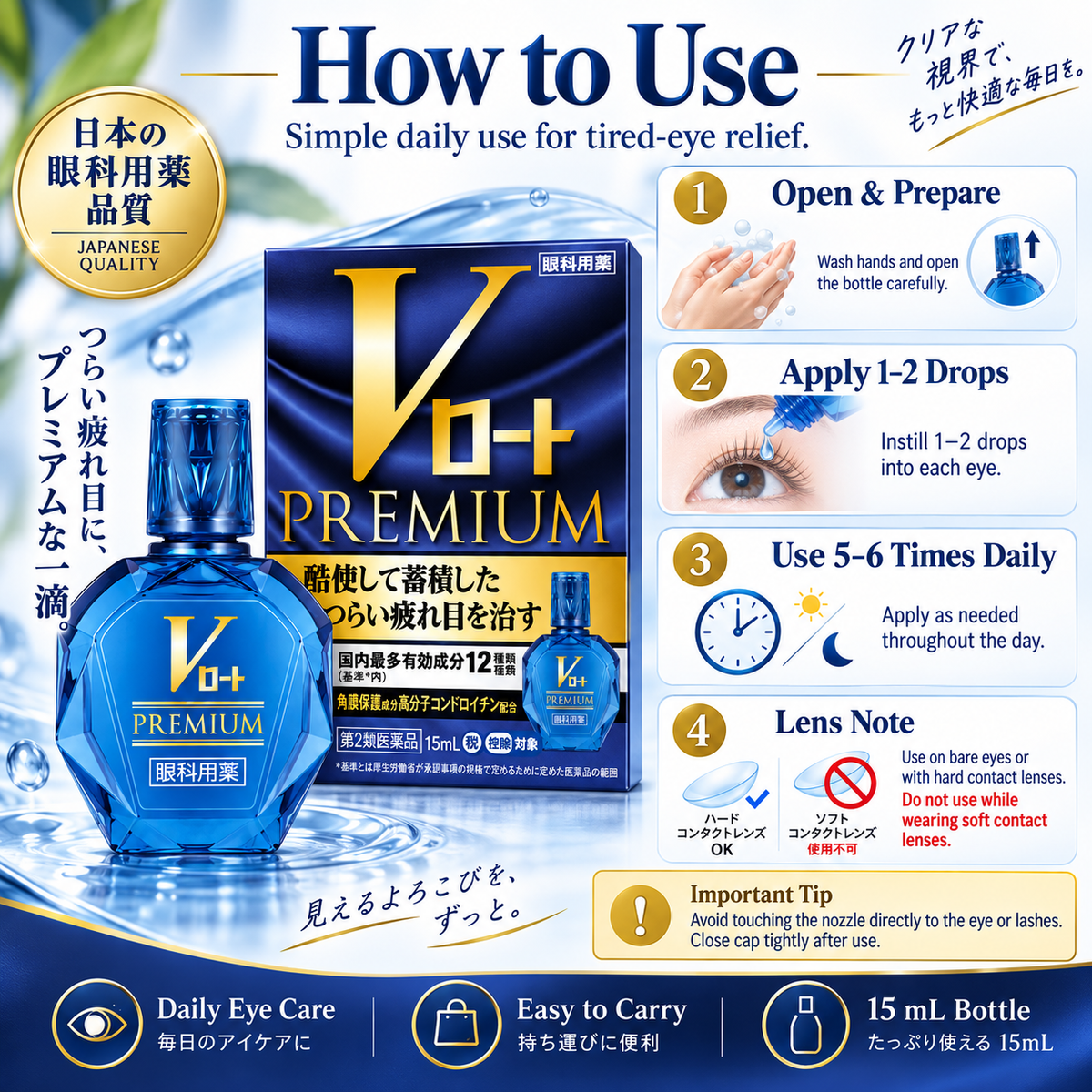 Rohto V Premium eye drops hero ingredients including neostigmine, chondroitin sulfate, taurine, vitamin B6, and chlorpheniramine