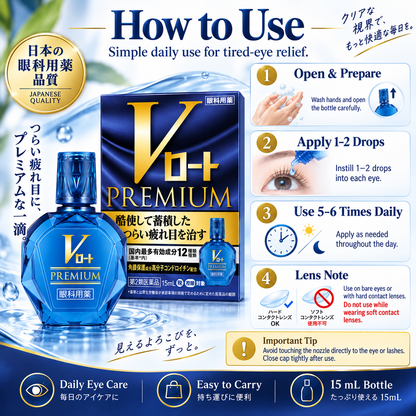 Rohto V Premium eye drops hero ingredients including neostigmine, chondroitin sulfate, taurine, vitamin B6, and chlorpheniramine