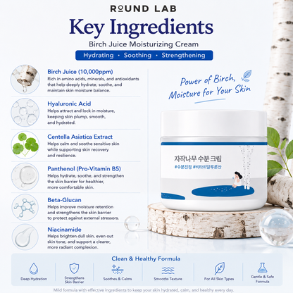 Key ingredients in ROUND LAB Birch Juice Moisturizing Cream including birch juice, hyaluronic acid, panthenol, beta-glucan, centella asiatica, and niacinamide