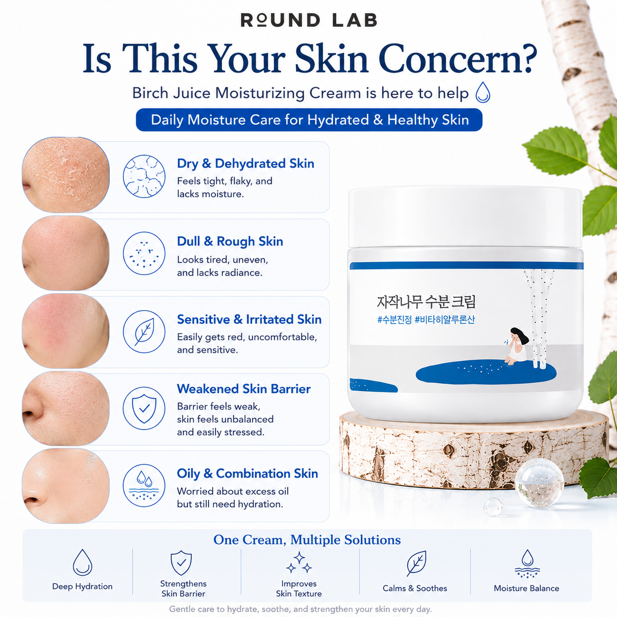 ROUND LAB Birch Juice Moisturizing Cream helps dry skin, dehydrated skin, sensitive skin, damaged skin barrier, dull skin, and combination skin