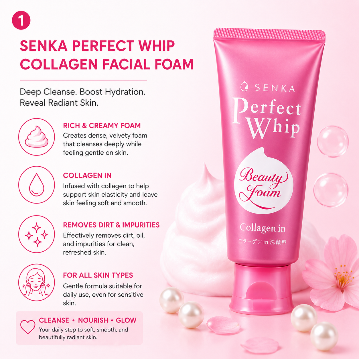 Senka Perfect Whip collagen cleanser benefits showing deep cleansing rich foam and gentle daily face wash for all skin types