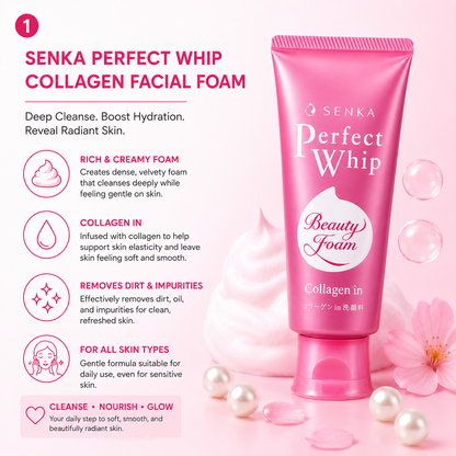 Senka Perfect Whip collagen cleanser benefits showing deep cleansing rich foam and gentle daily face wash for all skin types