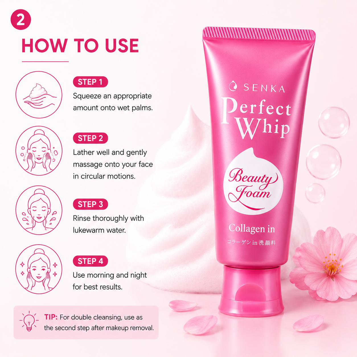 How to use Senka Perfect Whip collagen facial foam step by step cleansing routine with rich lather and gentle massage