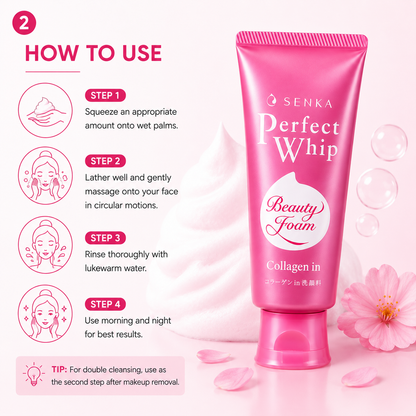 How to use Senka Perfect Whip collagen facial foam step by step cleansing routine with rich lather and gentle massage
