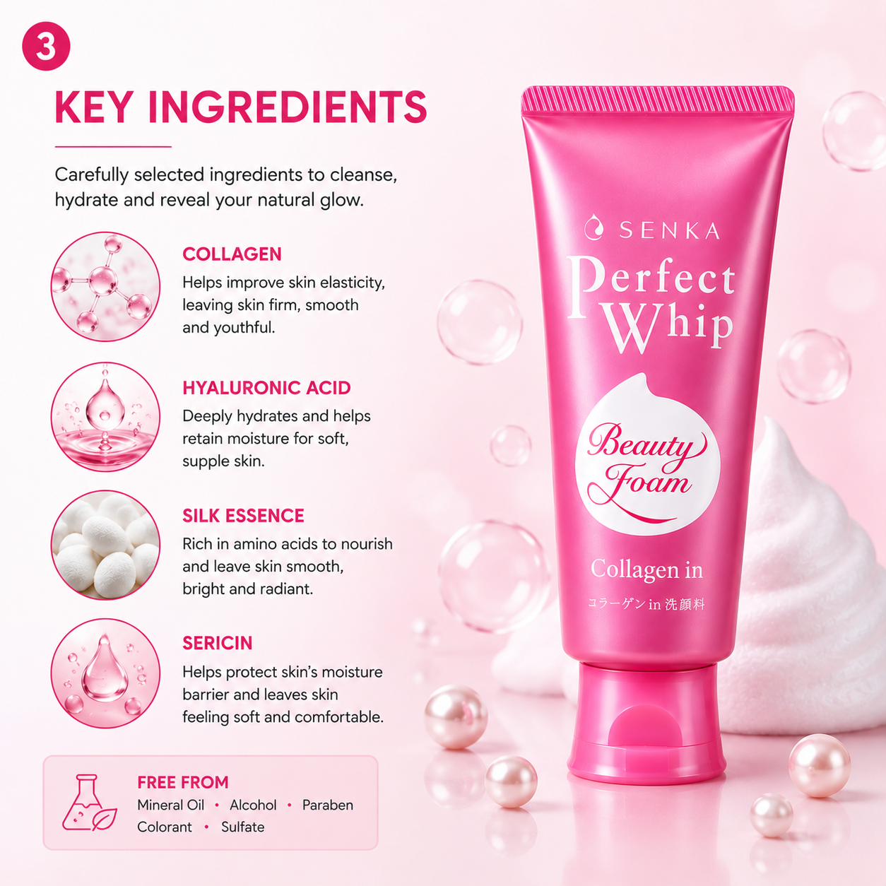 Senka Perfect Whip collagen cleanser ingredients including collagen hyaluronic acid silk essence for hydrated smooth skin