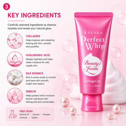 Senka Perfect Whip collagen cleanser ingredients including collagen hyaluronic acid silk essence for hydrated smooth skin