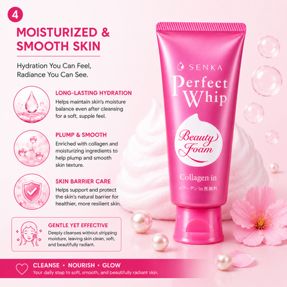 Senka Perfect Whip collagen cleanser for moisturized smooth skin with hydration and skin barrier care benefits
