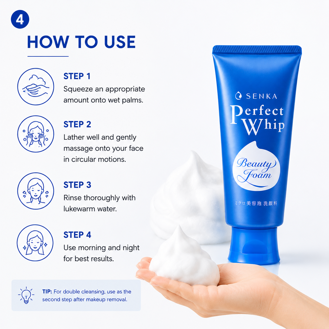 How to use Senka Perfect Whip facial foam step by step cleansing routine guide