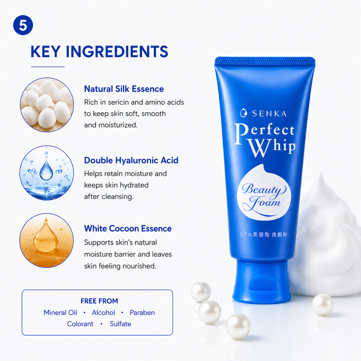Senka Perfect Whip ingredients silk essence hyaluronic acid white cocoon essence benefits