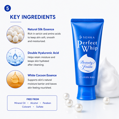 Senka Perfect Whip ingredients silk essence hyaluronic acid white cocoon essence benefits