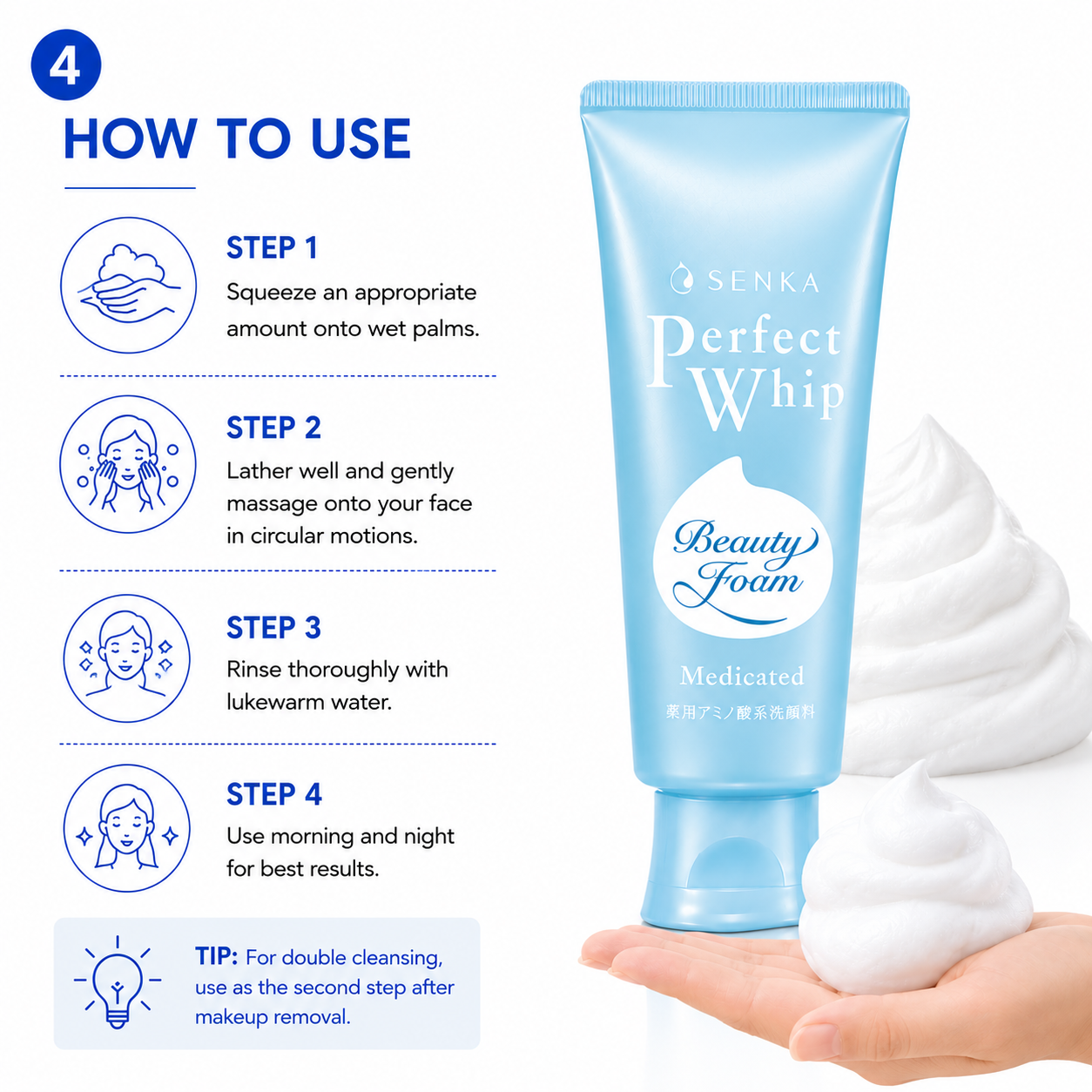 How to use Senka Perfect Whip Medicated cleanser step by step face washing routine
