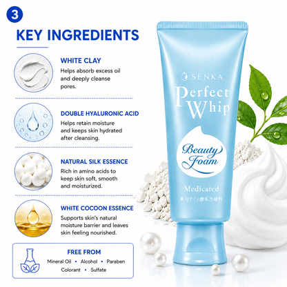 Senka Perfect Whip Medicated cleanser key ingredients white clay hyaluronic acid silk essence