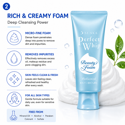 Senka Perfect Whip Medicated cleanser rich creamy foam deep cleansing face wash benefits
