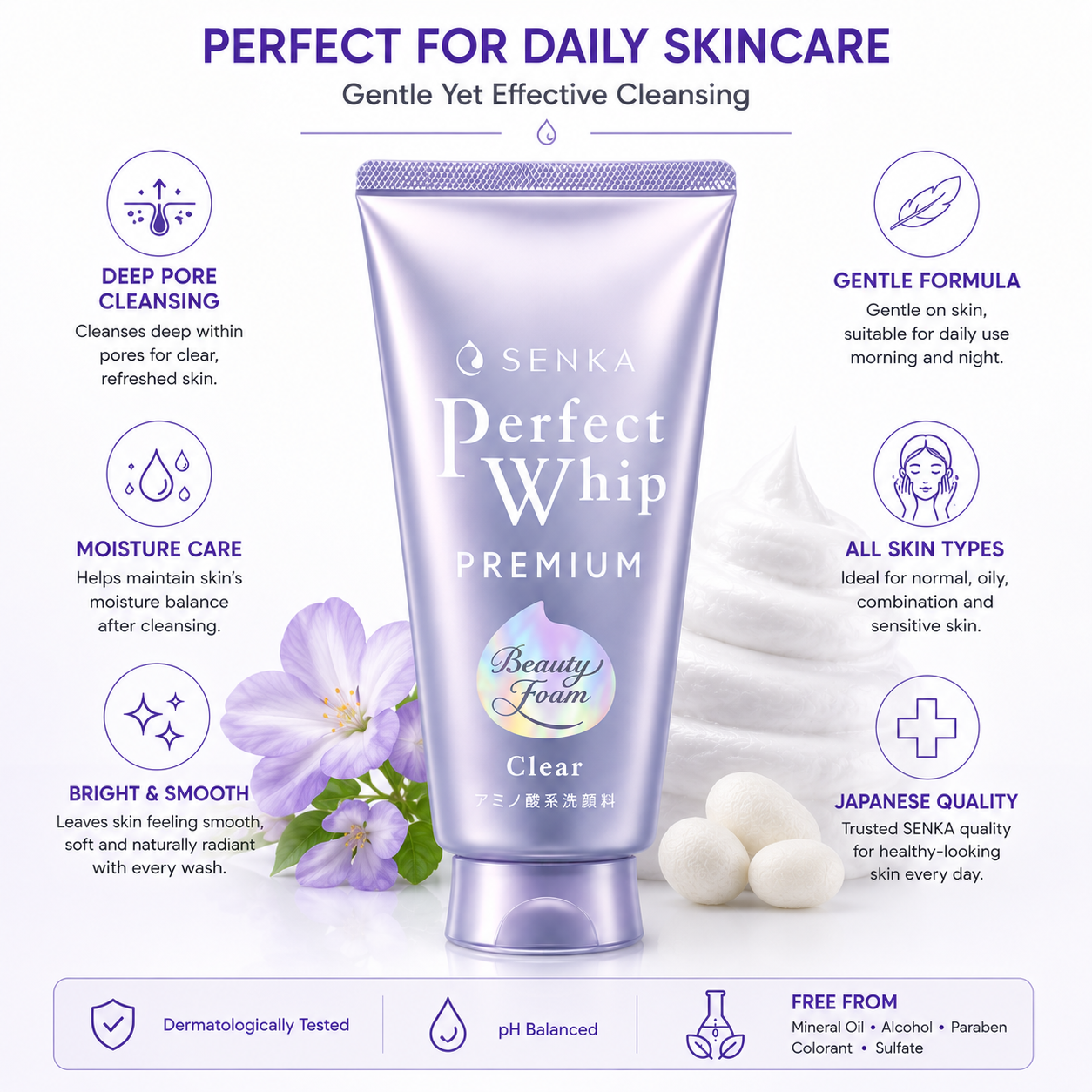 SENKA Perfect Whip Premium Clear gentle daily skincare cleanser for all skin types