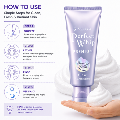 How to use SENKA Perfect Whip Premium Clear facial cleanser step by step instructions