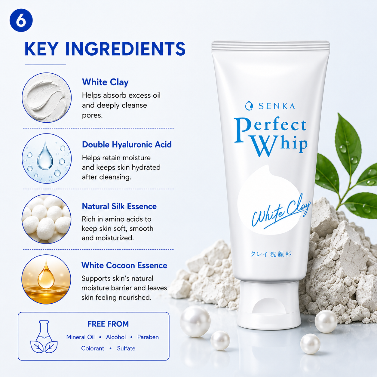 Senka Perfect Whip White Clay cleanser free from mineral oil alcohol paraben sulfate gentle formula