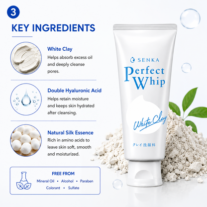 Senka Perfect Whip White Clay key ingredients white clay hyaluronic acid silk essence pore cleansing