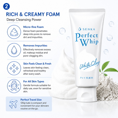 Senka Perfect Whip White Clay rich creamy foam deep cleansing facial cleanser for all skin types