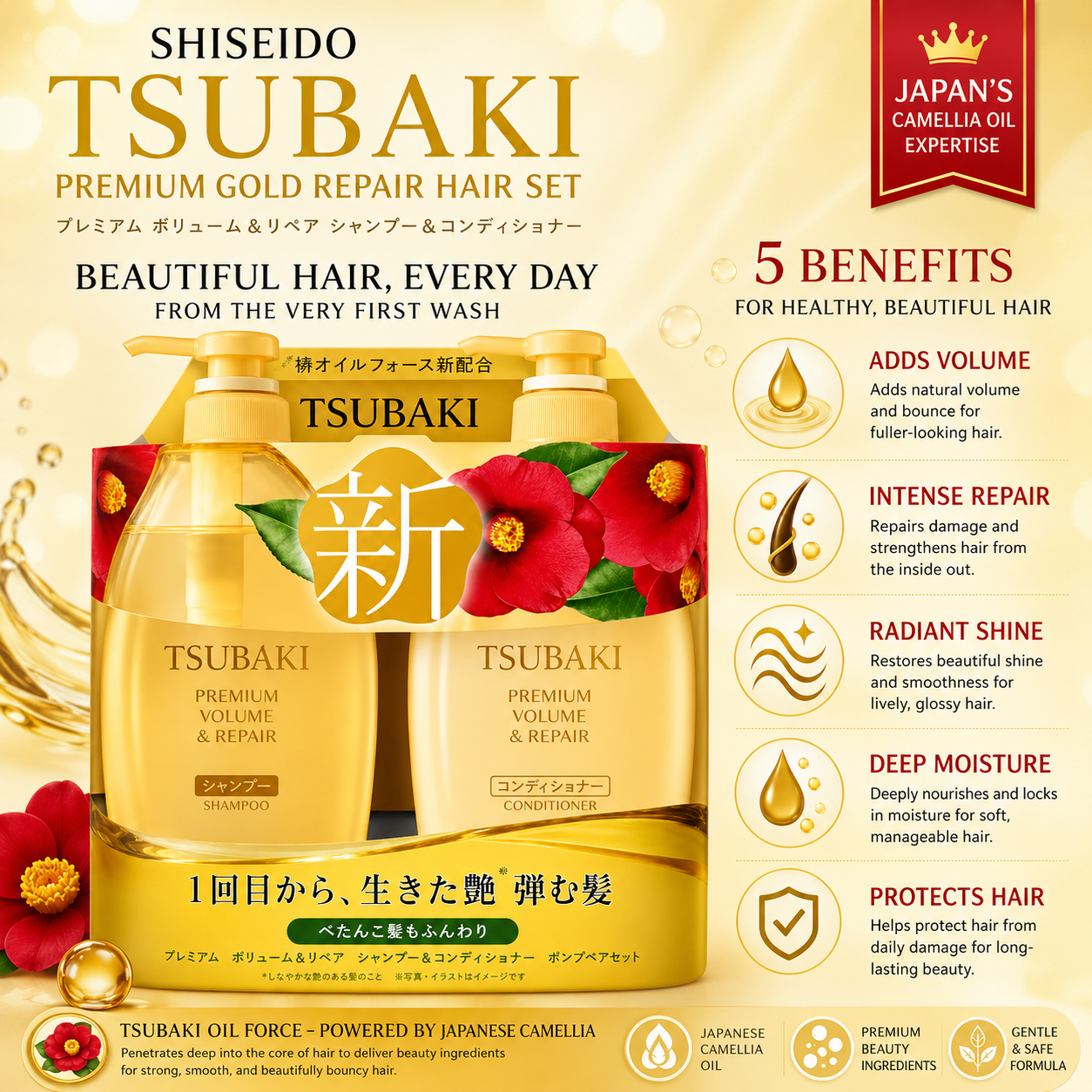 SHISEIDO Tsubaki Premium Gold Repair Hair Set benefits infographic showing volume, repair, shine, moisture and hair protection