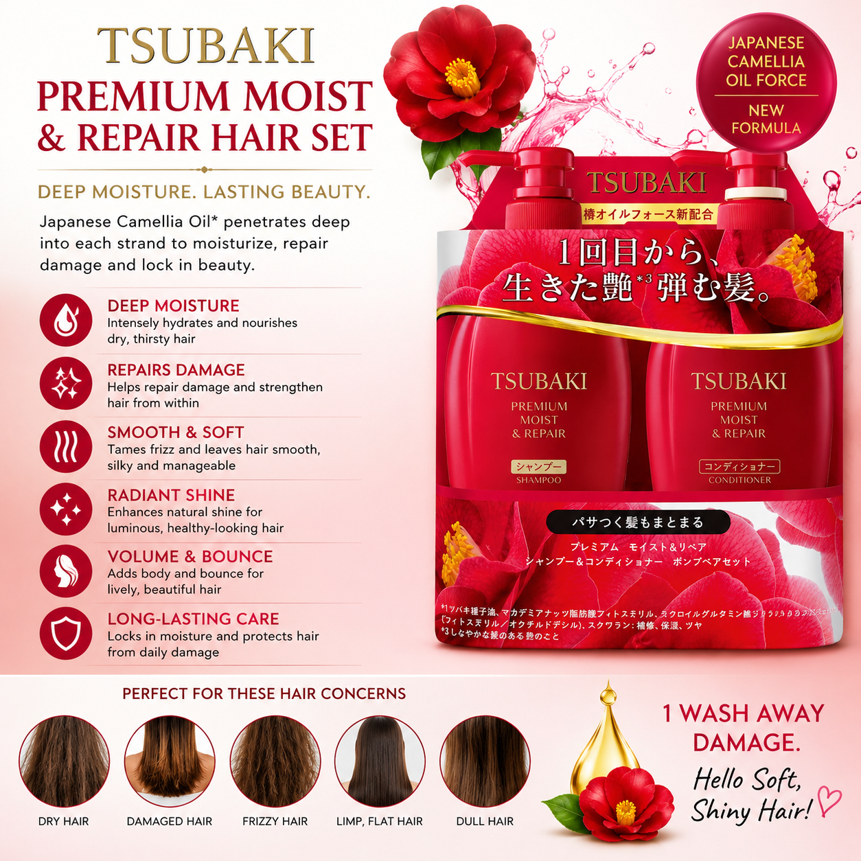 SHISEIDO TSUBAKI Premium Moist & Repair Hair Set benefits infographic showing deep moisture repair shine softness and frizz care for dry hair